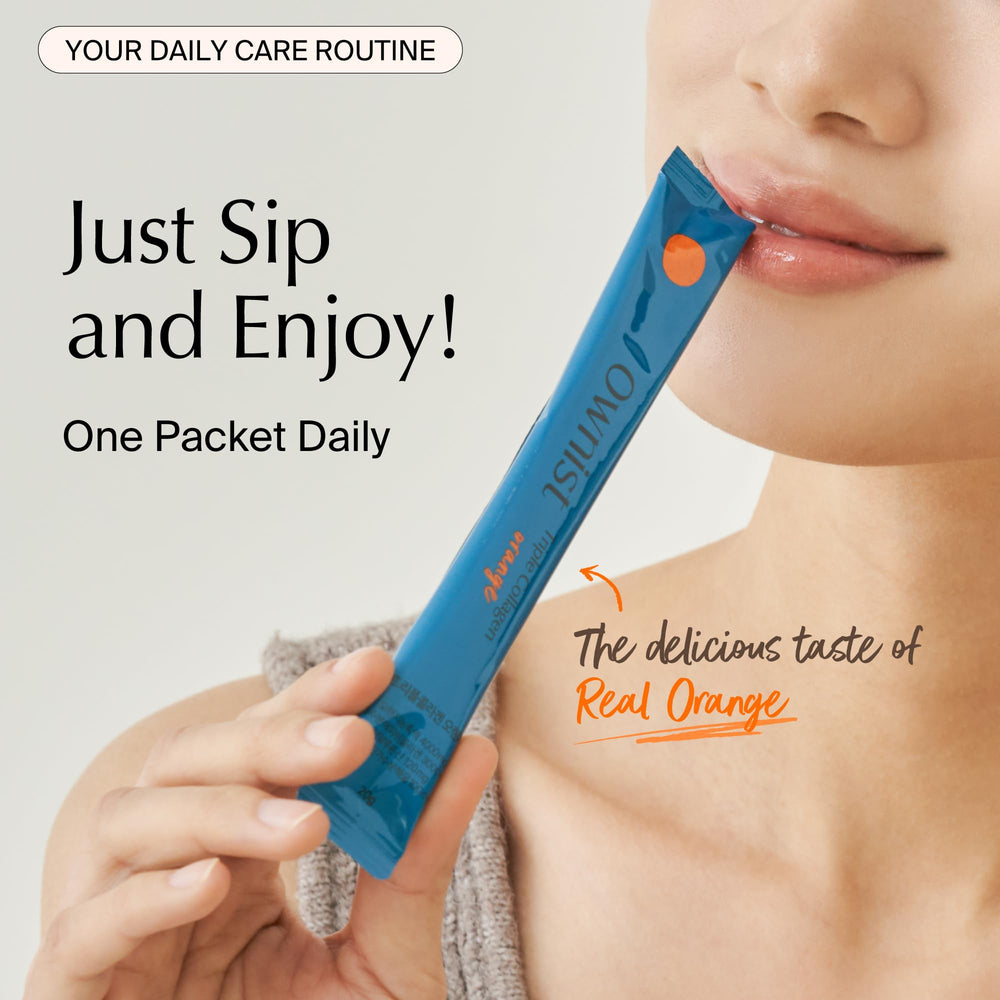 Ownist stick pack travel-friendly design for easy daily collagen routine.