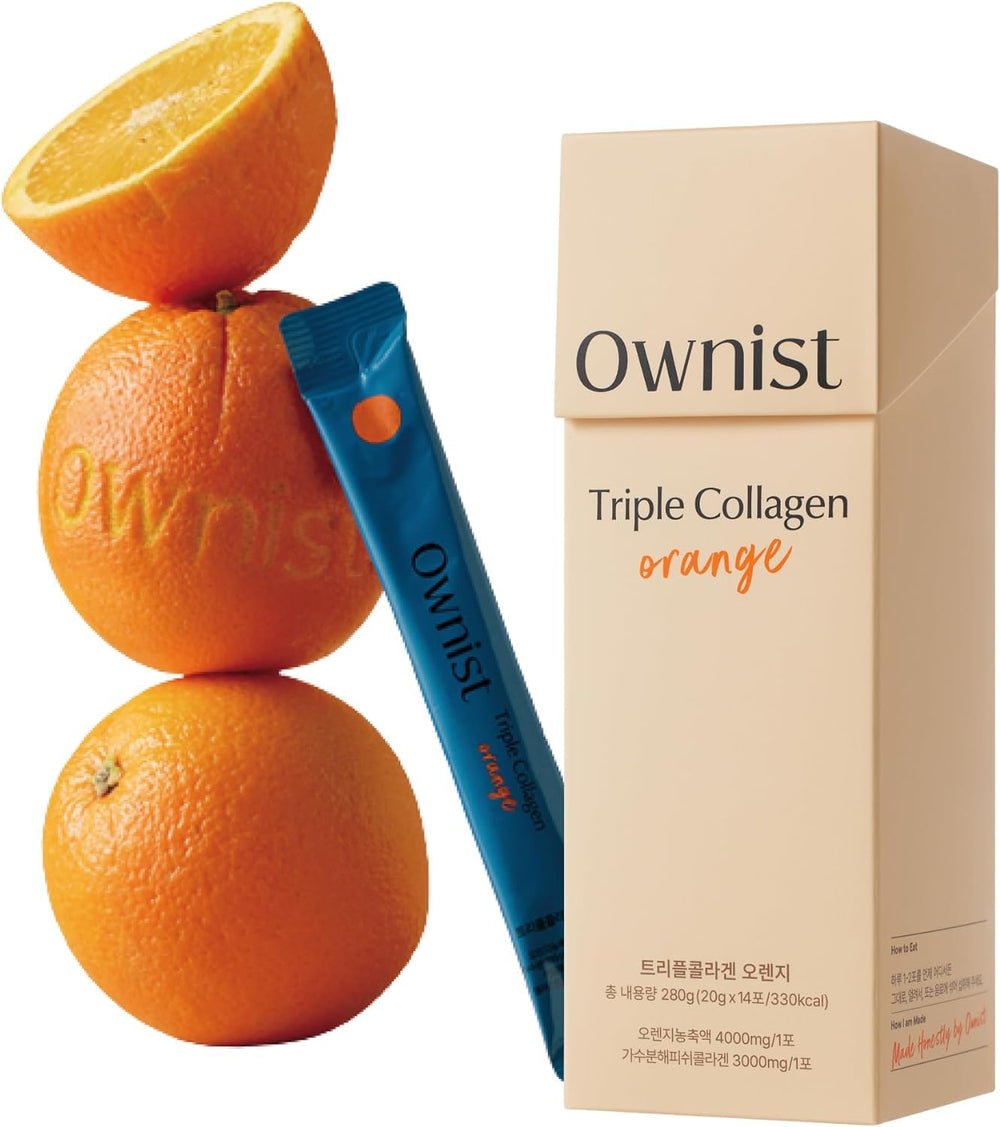 Ownist triple collagen liquid packets on the go in orange flavor, convenient daily skin support.