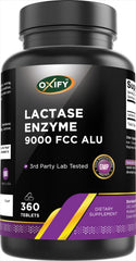 Oxify Lactase Enzyme 9000 bottle showing high-strength lactase per tablet.
