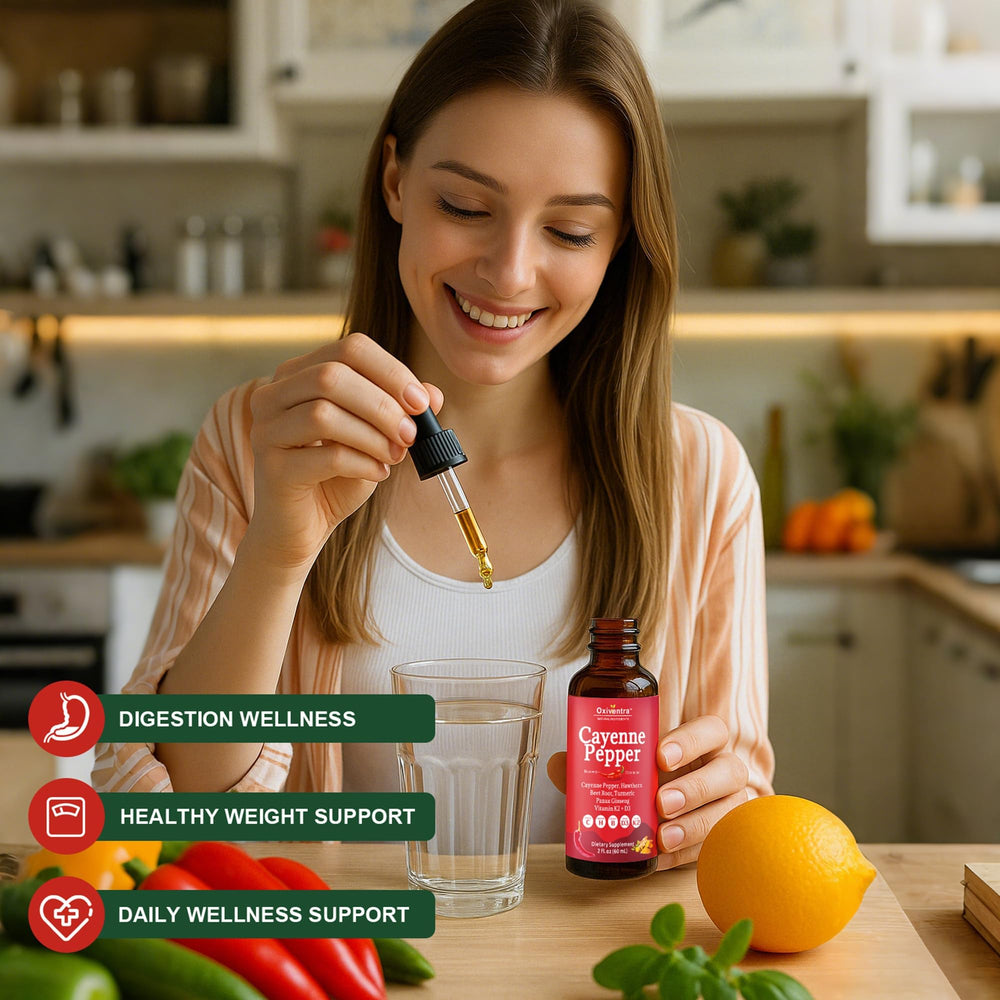 Oxiventra Cayenne Pepper Drops with D3 and K2 highlighting vitamin enhanced potential