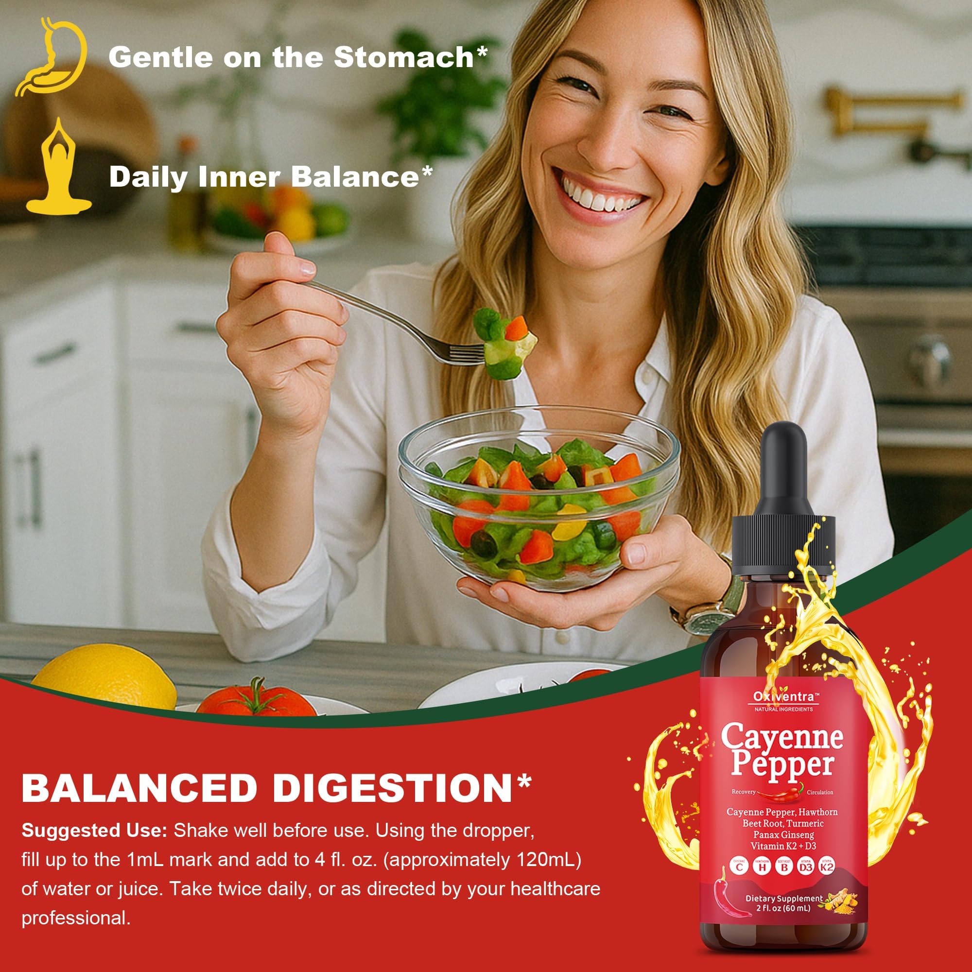 Oxiventra Cayenne Pepper Drops ingredients panel featuring beet root and hawthorn