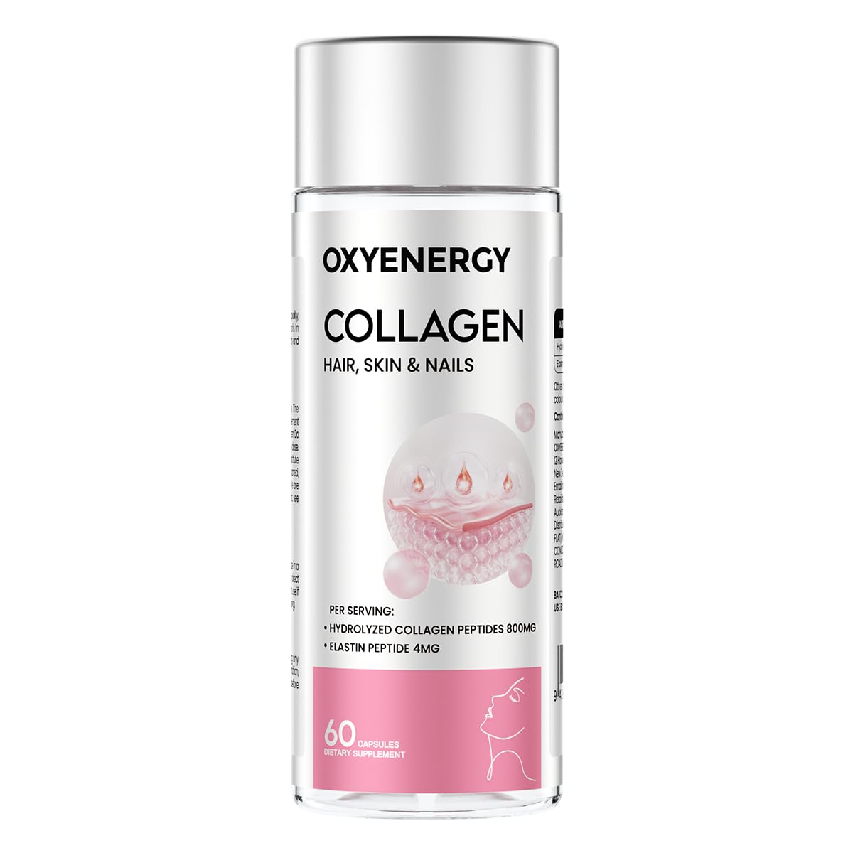 OxyEnergy collagen pills bottle shown for daily use and convenience.