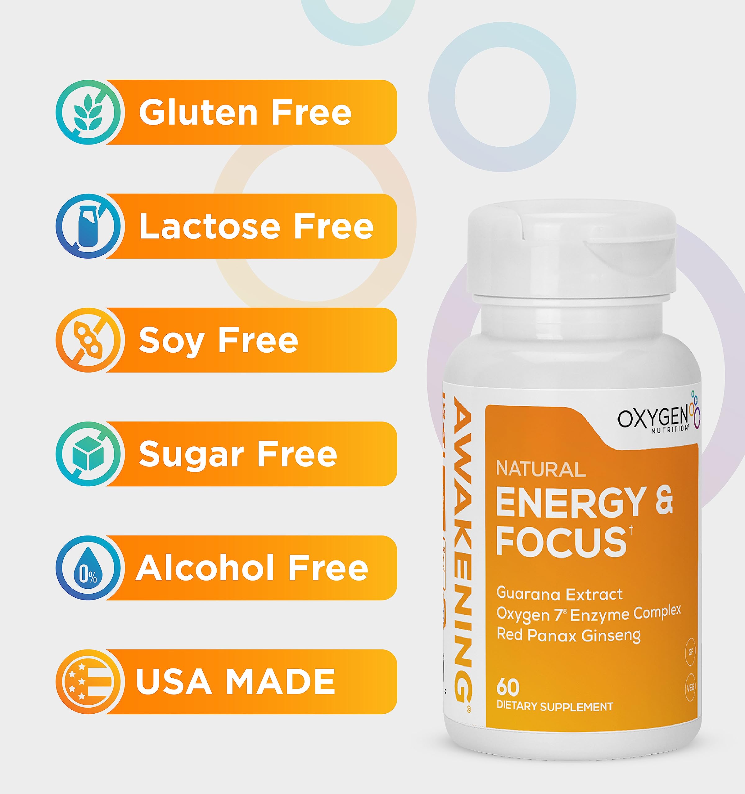 Oxygen Nutrition Awakening Made in USA label visible on bottle.