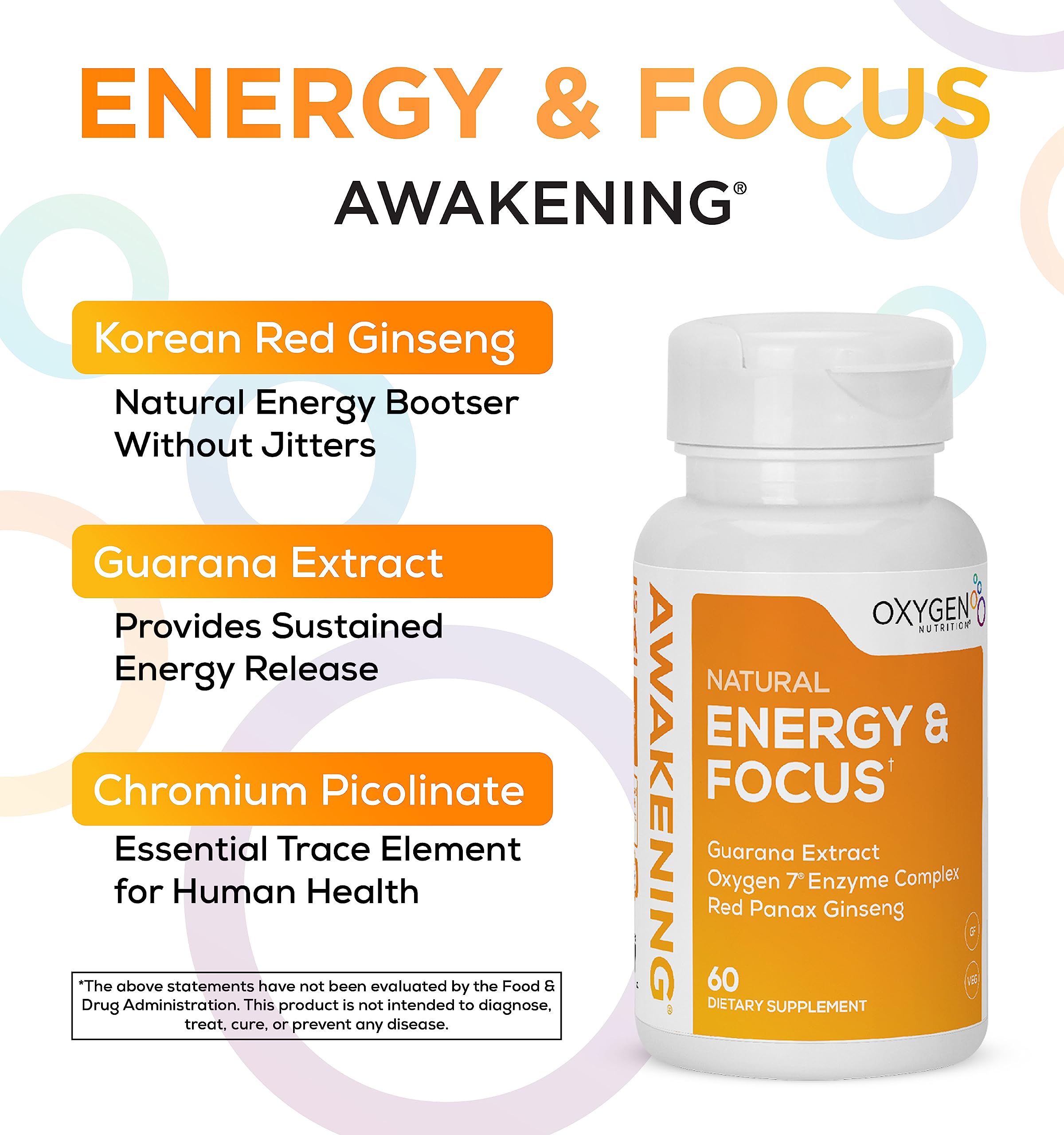 Oxygen Nutrition Awakening gluten-free veggie capsules packaging on display.