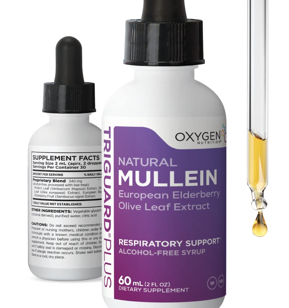 Oxygen Nutrition TriGuard Mullein Plus bottle front view showing label for easy recognition.
