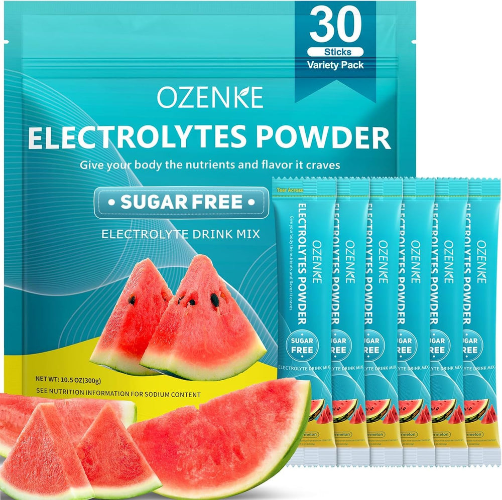OZENKE Watermelon electrolyte packet front for sugar-free hydration on the go.