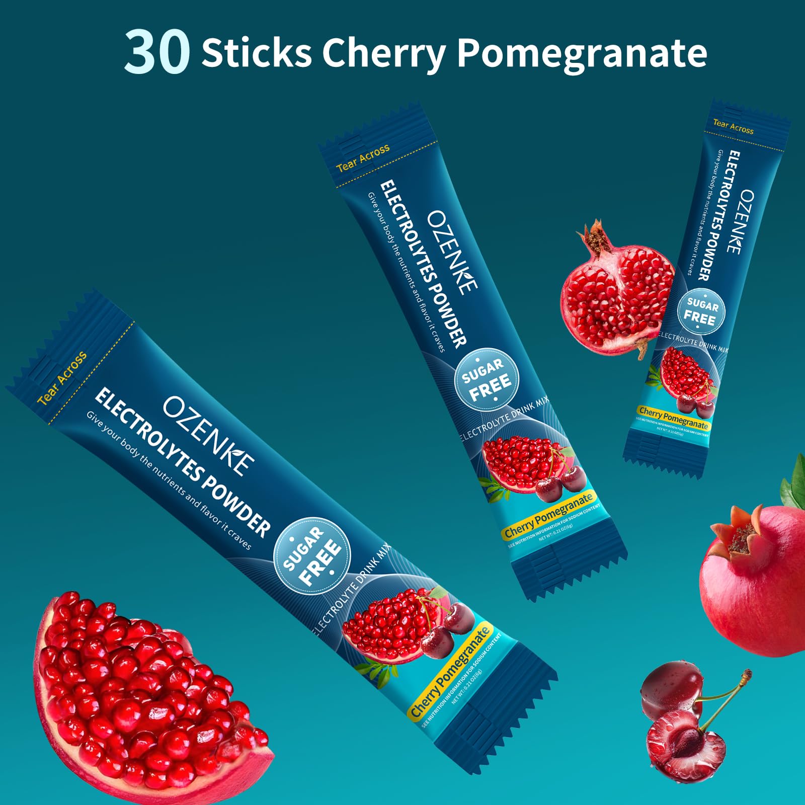 OZENKE 30-stick pack showcases portable, sugar-free hydration for travel or workouts.