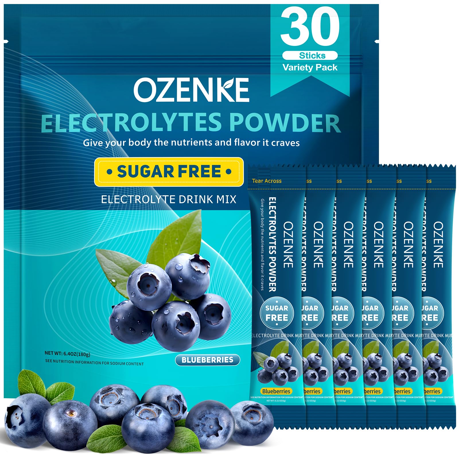 OZENKE blueberry electrolyte packet front showing sugar-free formula for on-the-go hydration.