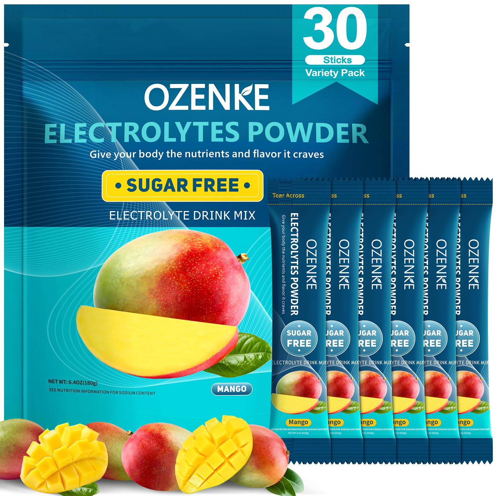 OZENKE Mango electrolyte stick pack for on-the-go hydration after workouts.