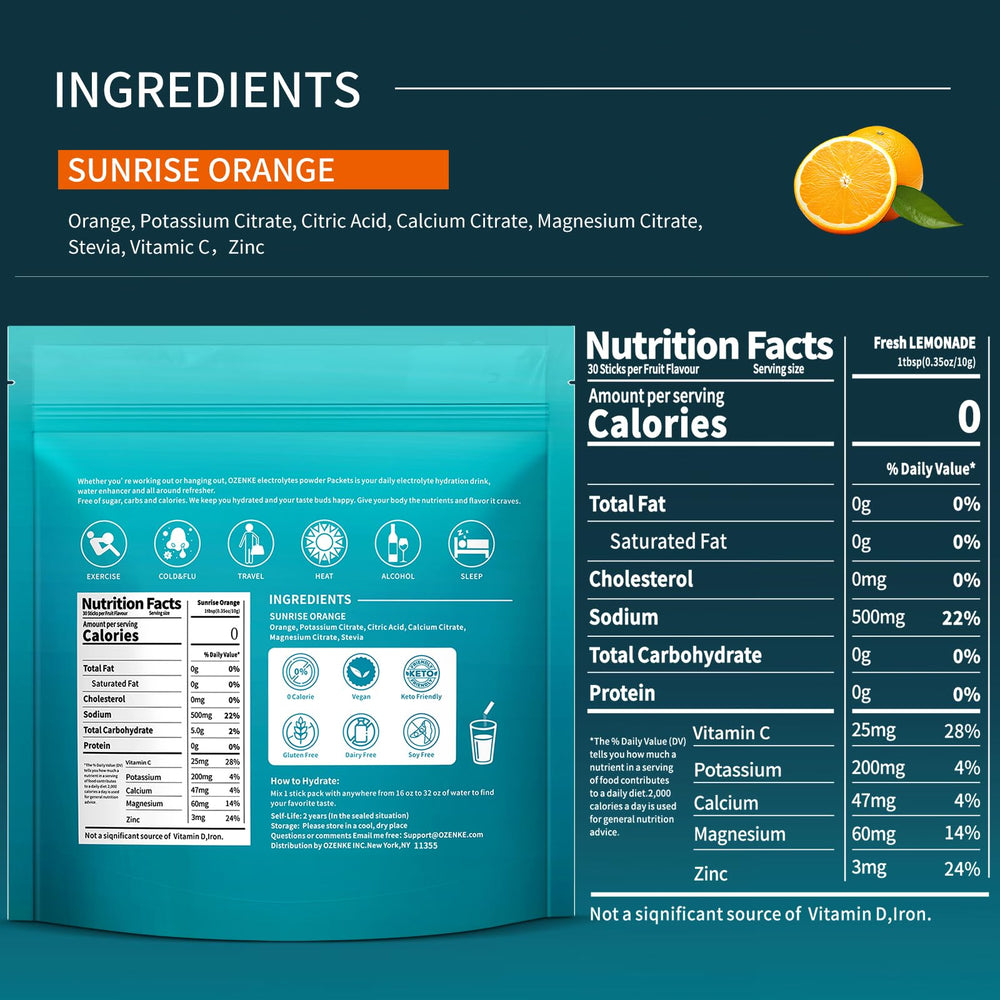 OZENKE electrolyte packet in a glass for fast post-workout hydration.