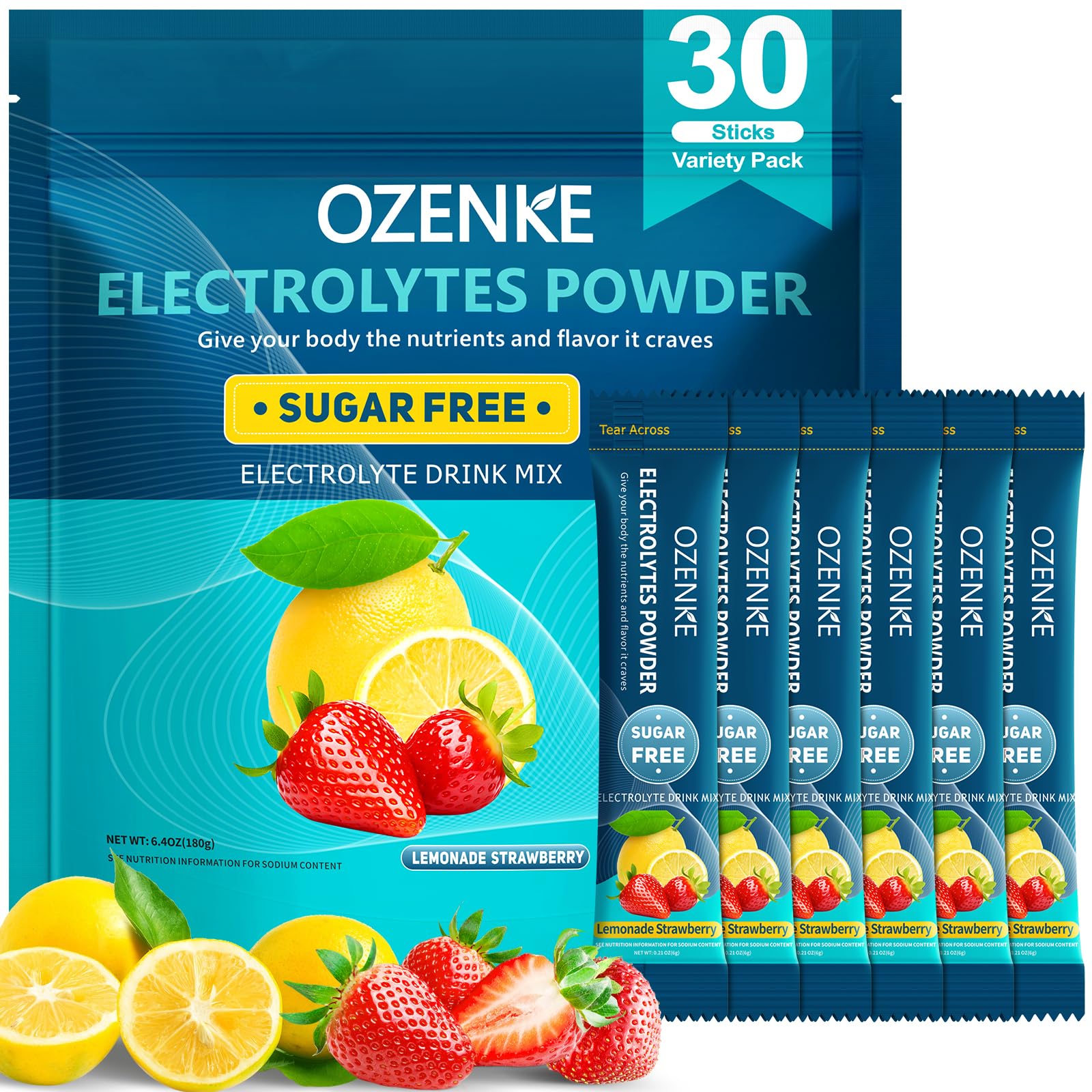 OZENKE lemon electrolyte stick dissolving in water for quick hydration.