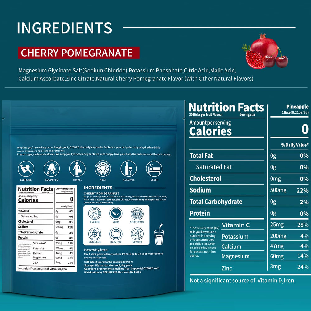 OZENKE pomegranate electrolyte packet ideal for on-the-go hydration and flavor.