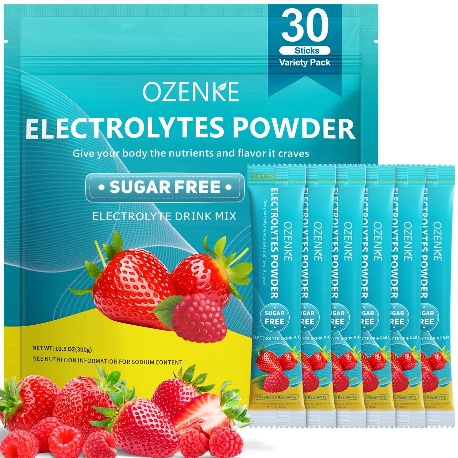 OZENKE electrolytes packets in strawberry raspberry flavor for sugar-free hydration on the go