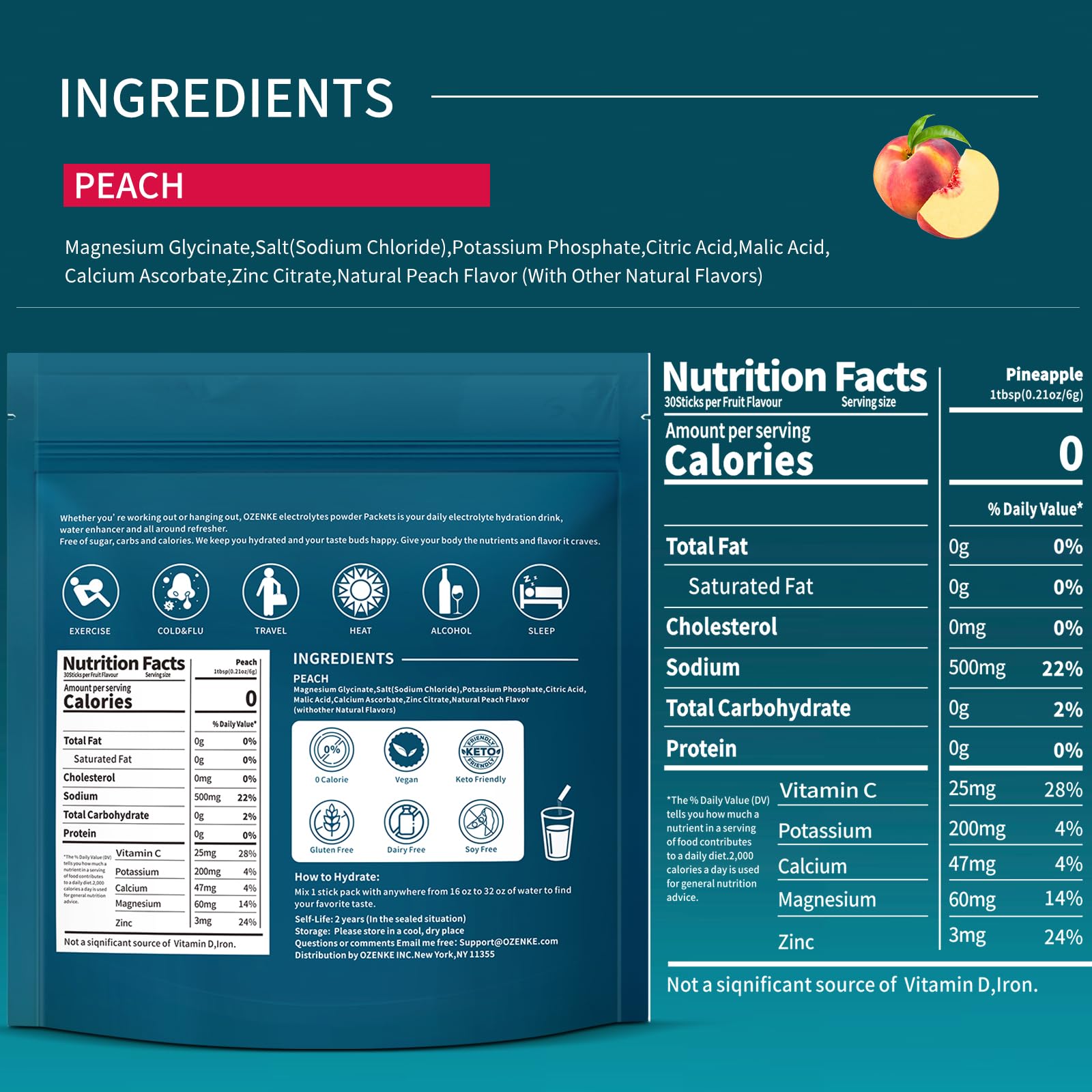 OZENKE Electrolytes Peach stick pack ready for on-the-go hydration
