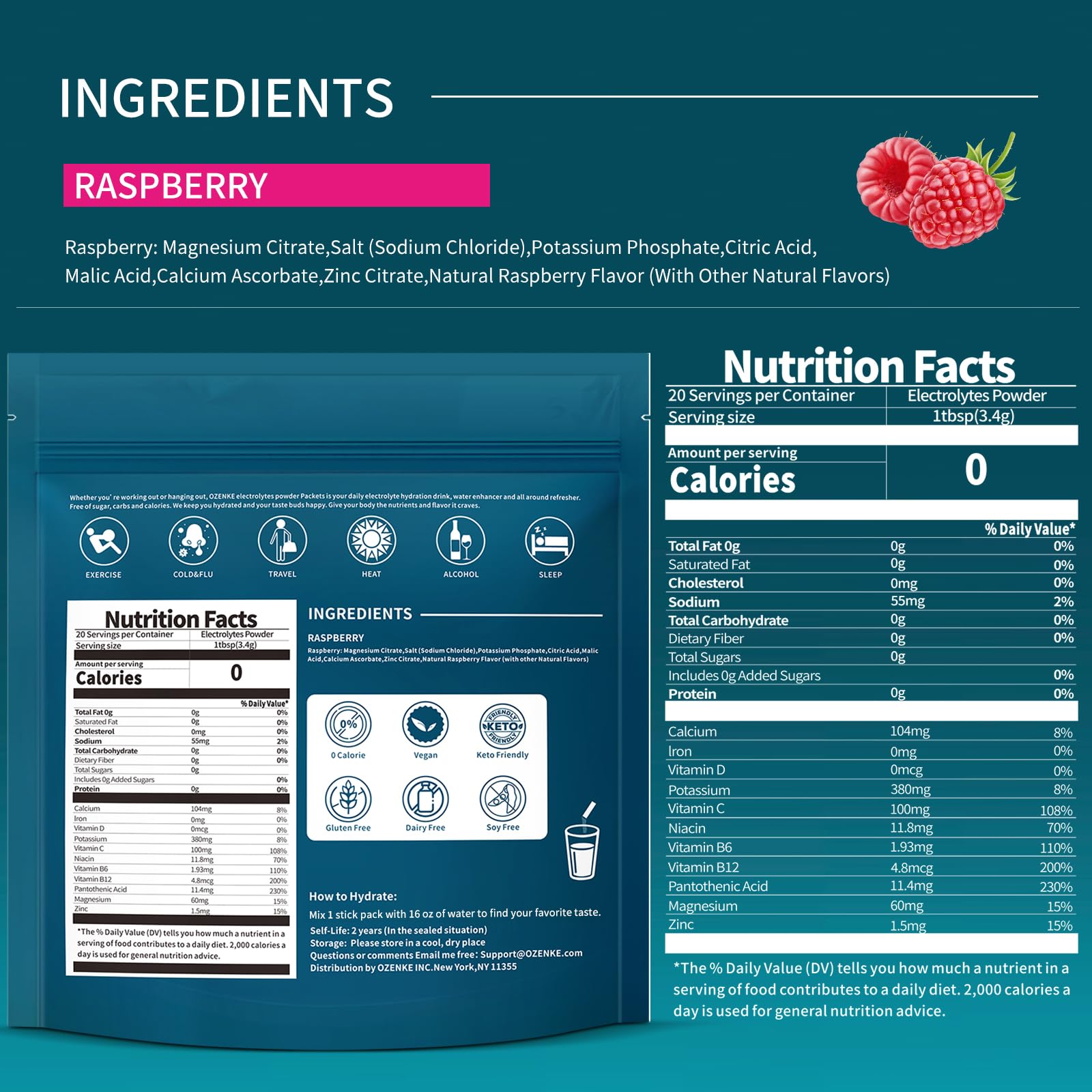 OZENKE Raspberry Electrolytes Pack shown with glass for on-the-go hydration