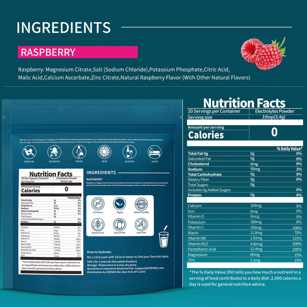 OZENKE Raspberry Electrolytes Pack shown with glass for on-the-go hydration