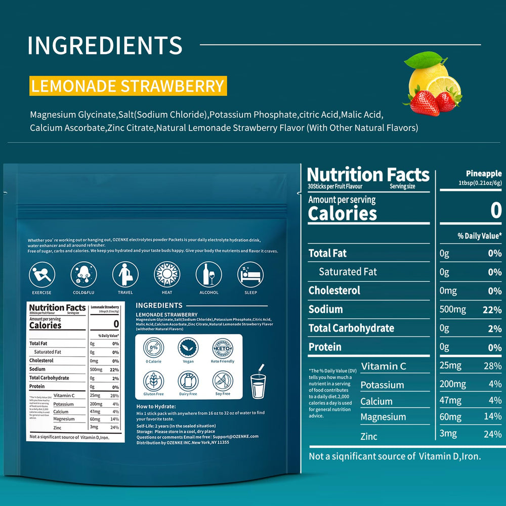 OZENKE strawberry electrolyte stick dissolving in water for refreshing hydration.