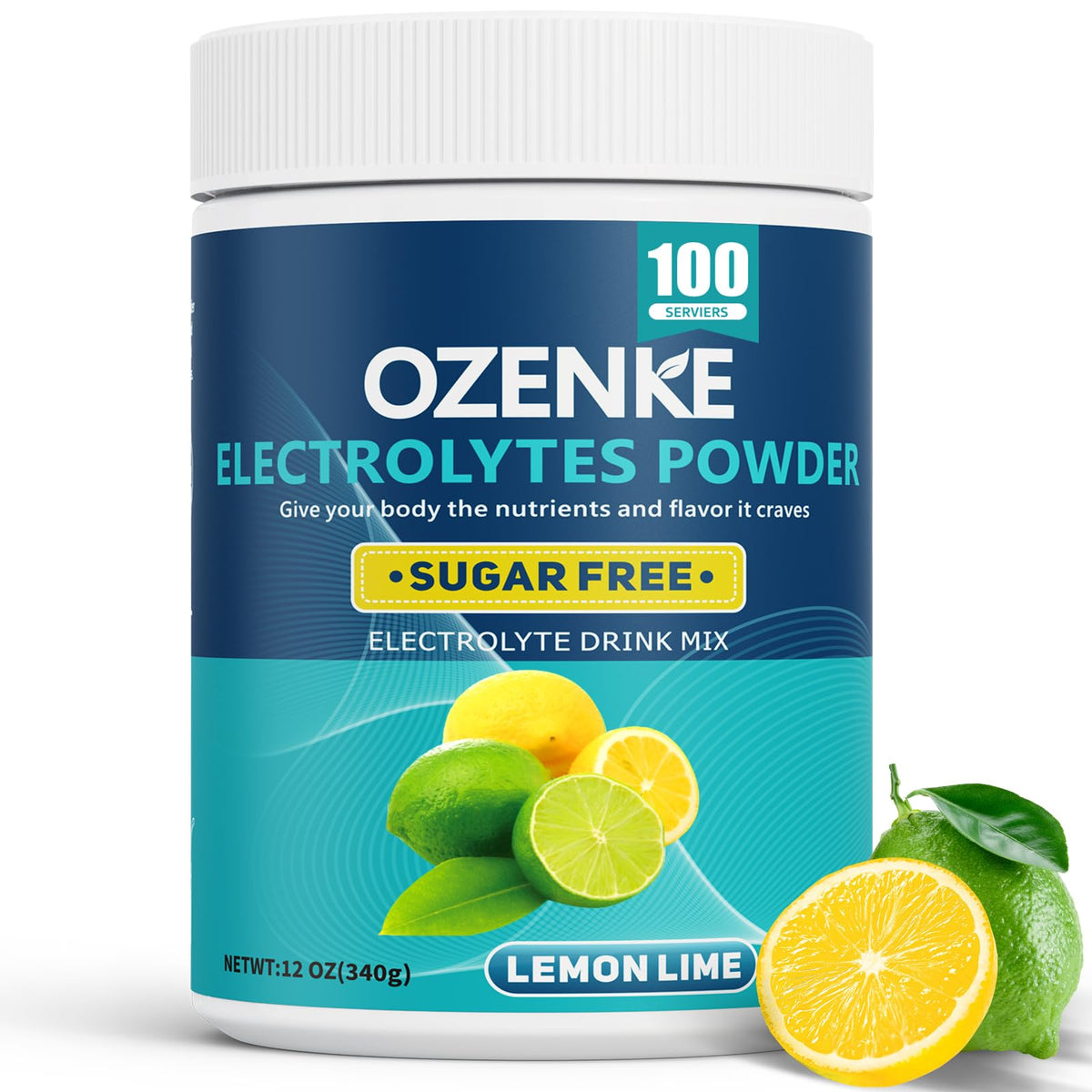 OZENKE lemon-lime electrolytes powder tub for quick hydration during workouts.
