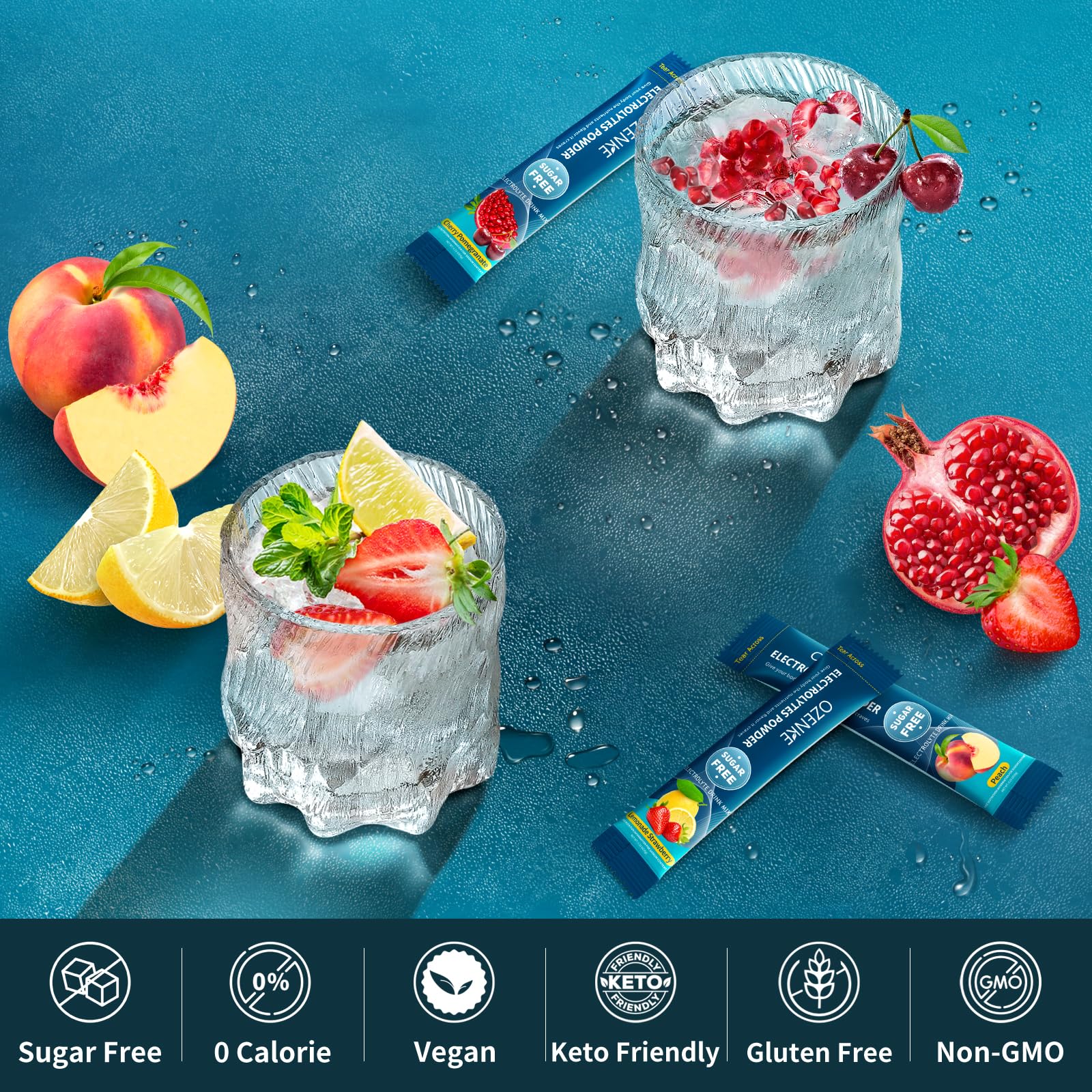 OZENKE sugar-free zero-calorie label emphasizes vegan hydration option.