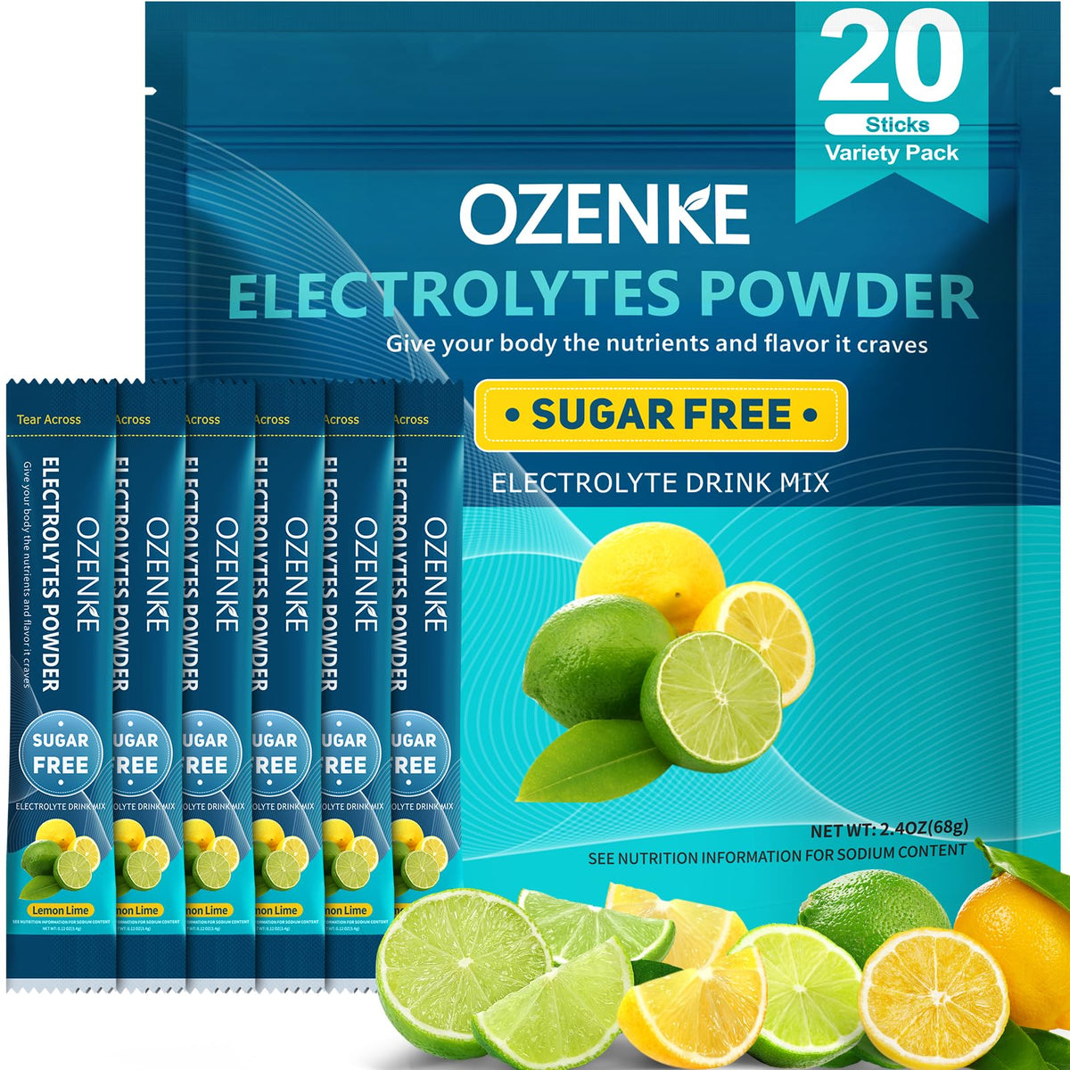 OZENKE Lemon Lime electrolyte packaging for quick hydration on the go.