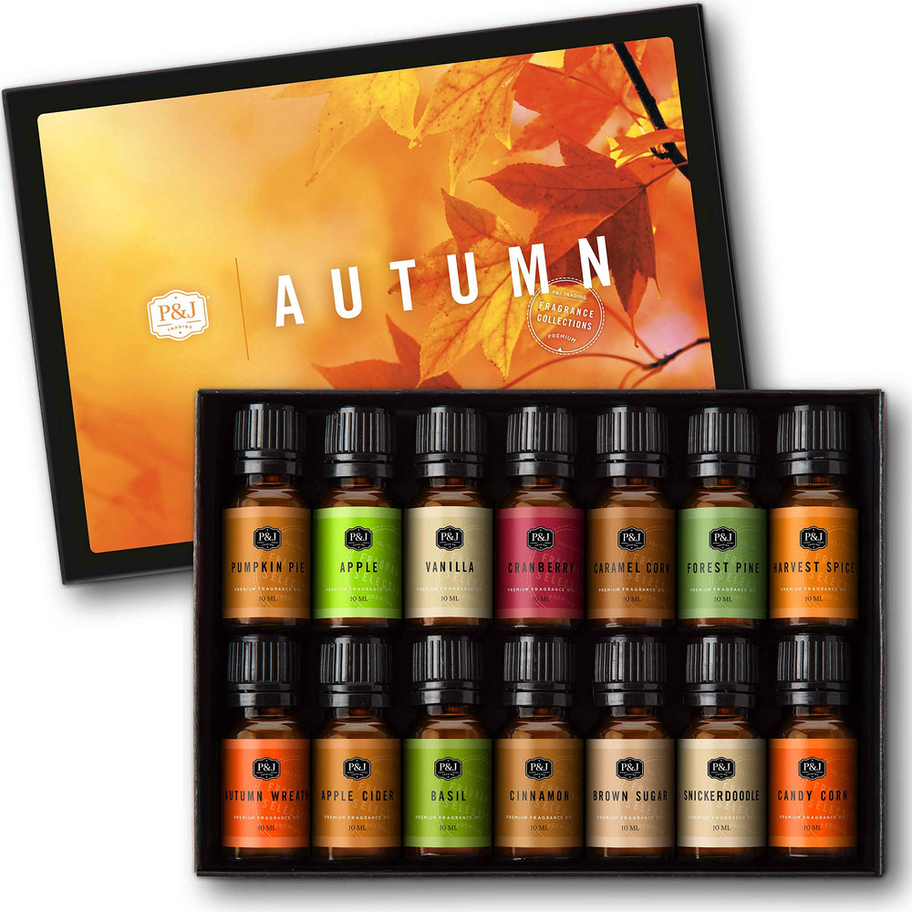 P&J Trading autumn fragrance oils in a gift box, ideal for candles and soaps.