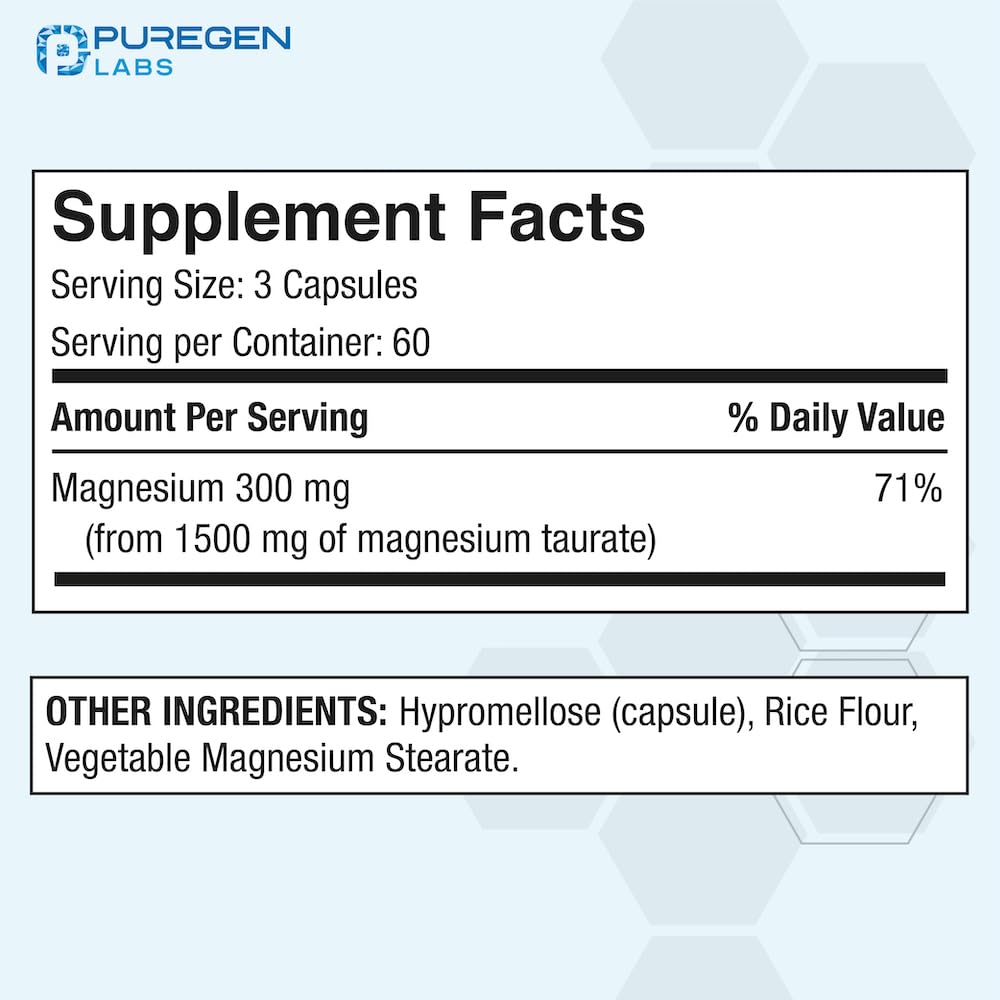 P Puregen Labs Magnesium Taurate capsules close-up showing chelated form