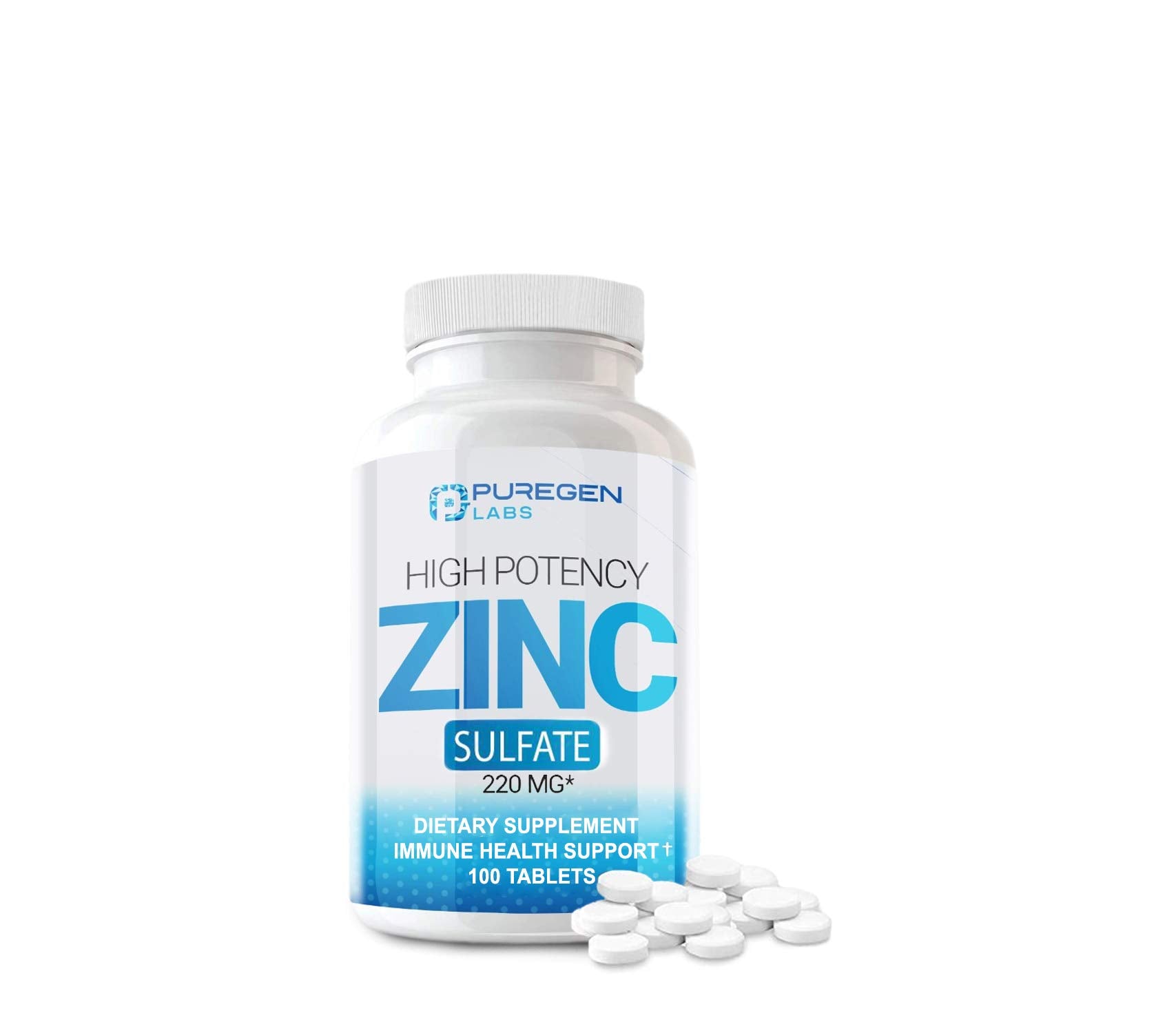 P Puregen Labs Zinc 220mg, botella visible para uso diario y apoyo inmunitario