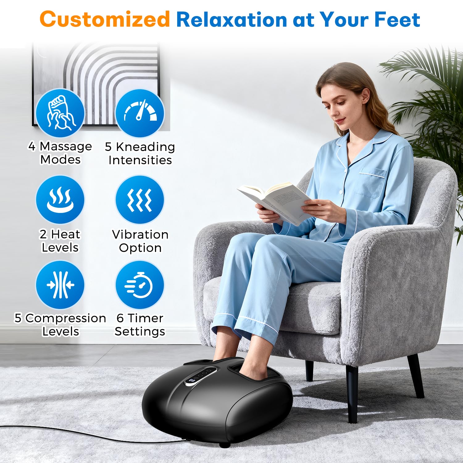 PACOVY deep kneading action targets arches and heels for comfort.