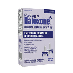 Padagis Naloxone HCI Nasal Spray packaging shown for convenient home use
