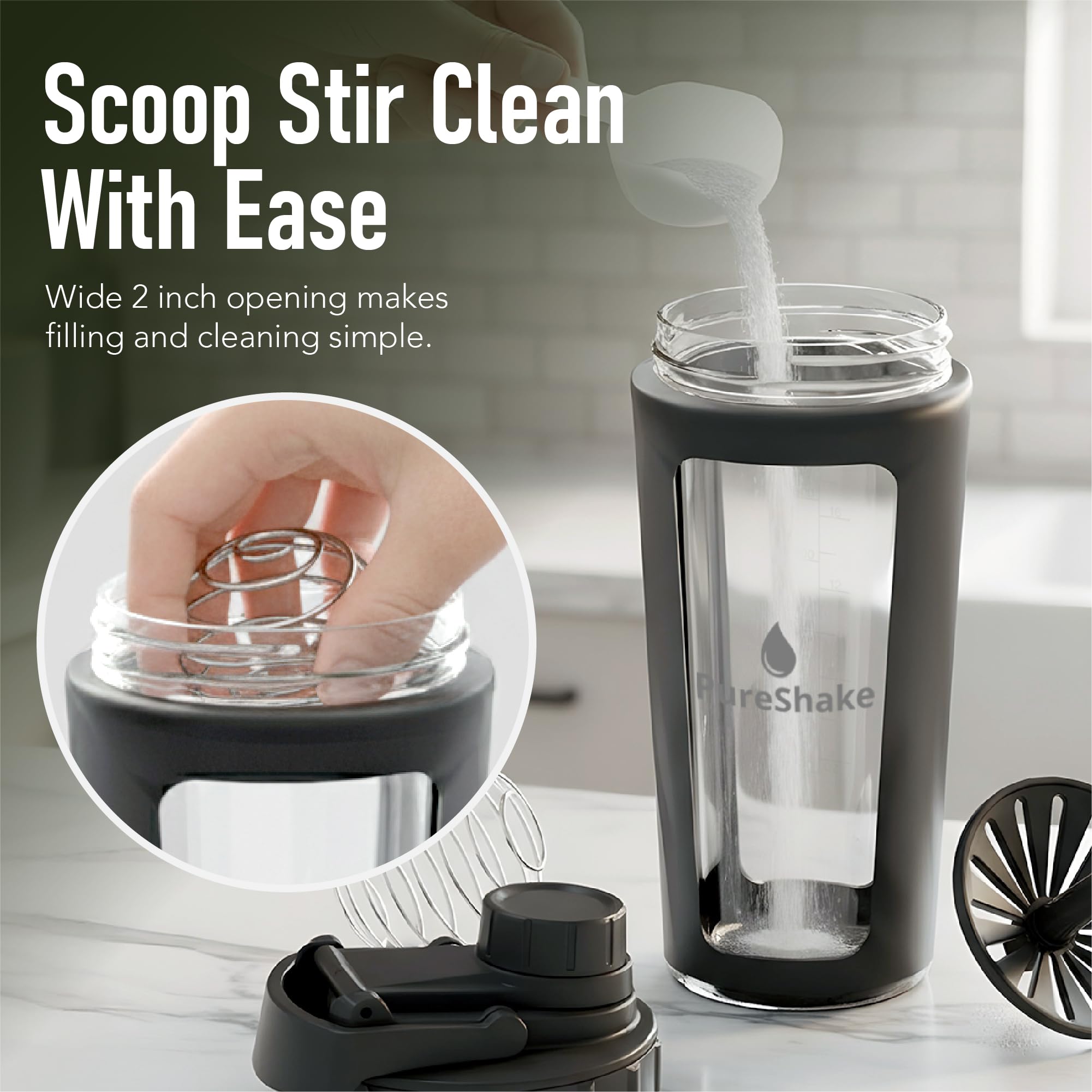 Paddi glass shaker built-in mixer delivers smooth blends.