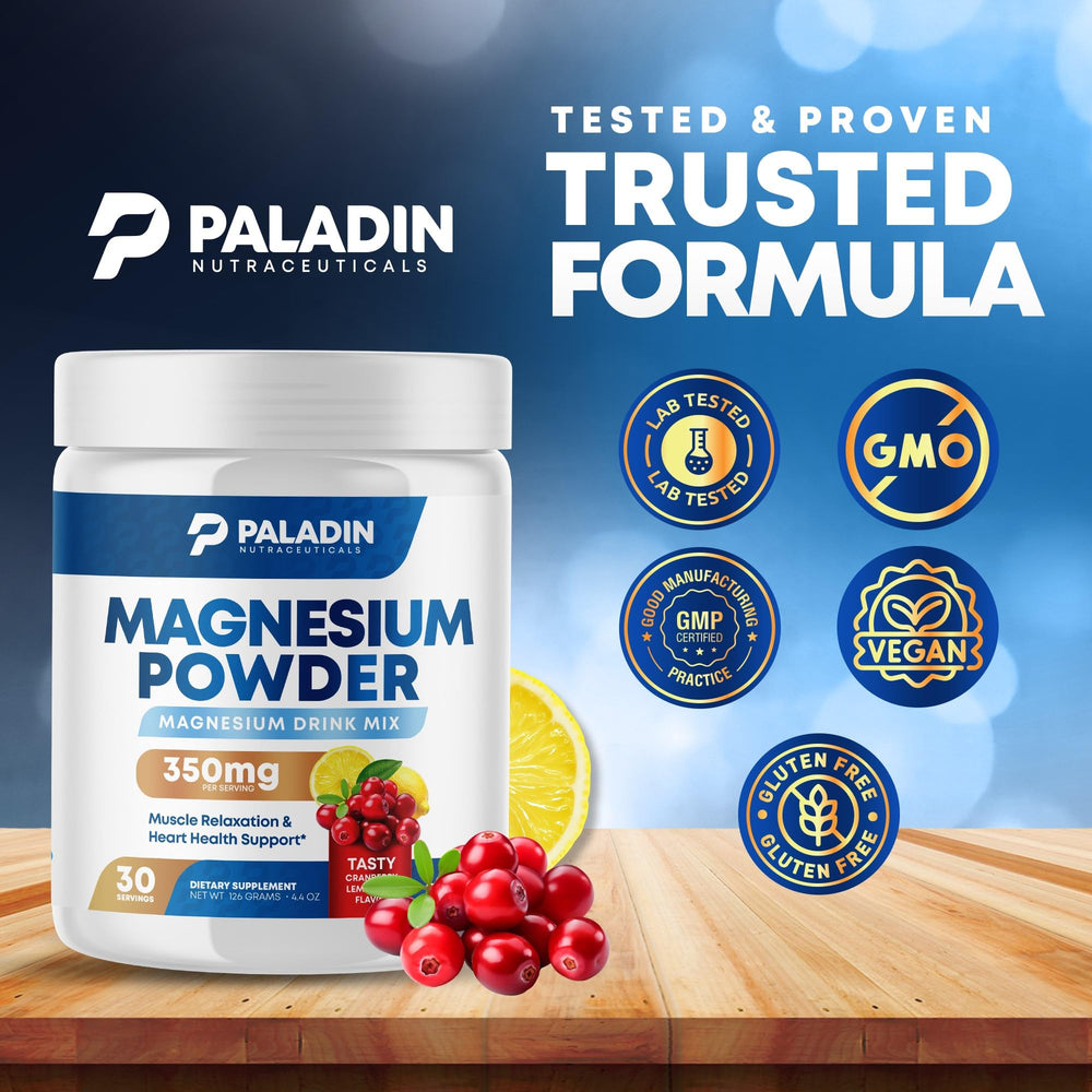30-serving Paladin Magnesium Powder container on kitchen shelf.