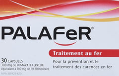 Palafer capsules closeup showing iron content per dose.