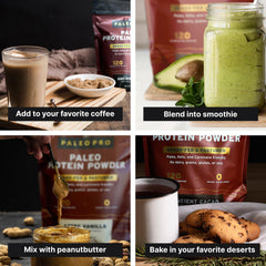 Paleo Pro powder mixing smoothly into smoothie for post-workout protein boost.