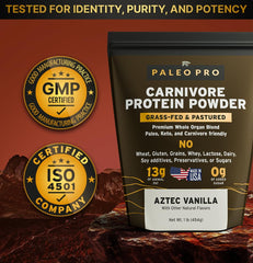 Paleo Pro Carnivore Complete Aztec Vanilla nutrition panel emphasizes macro balance