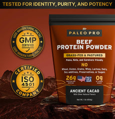 Paleo Pro grass-fed ingredients label emphasizing pure, hormone-free nutrition.
