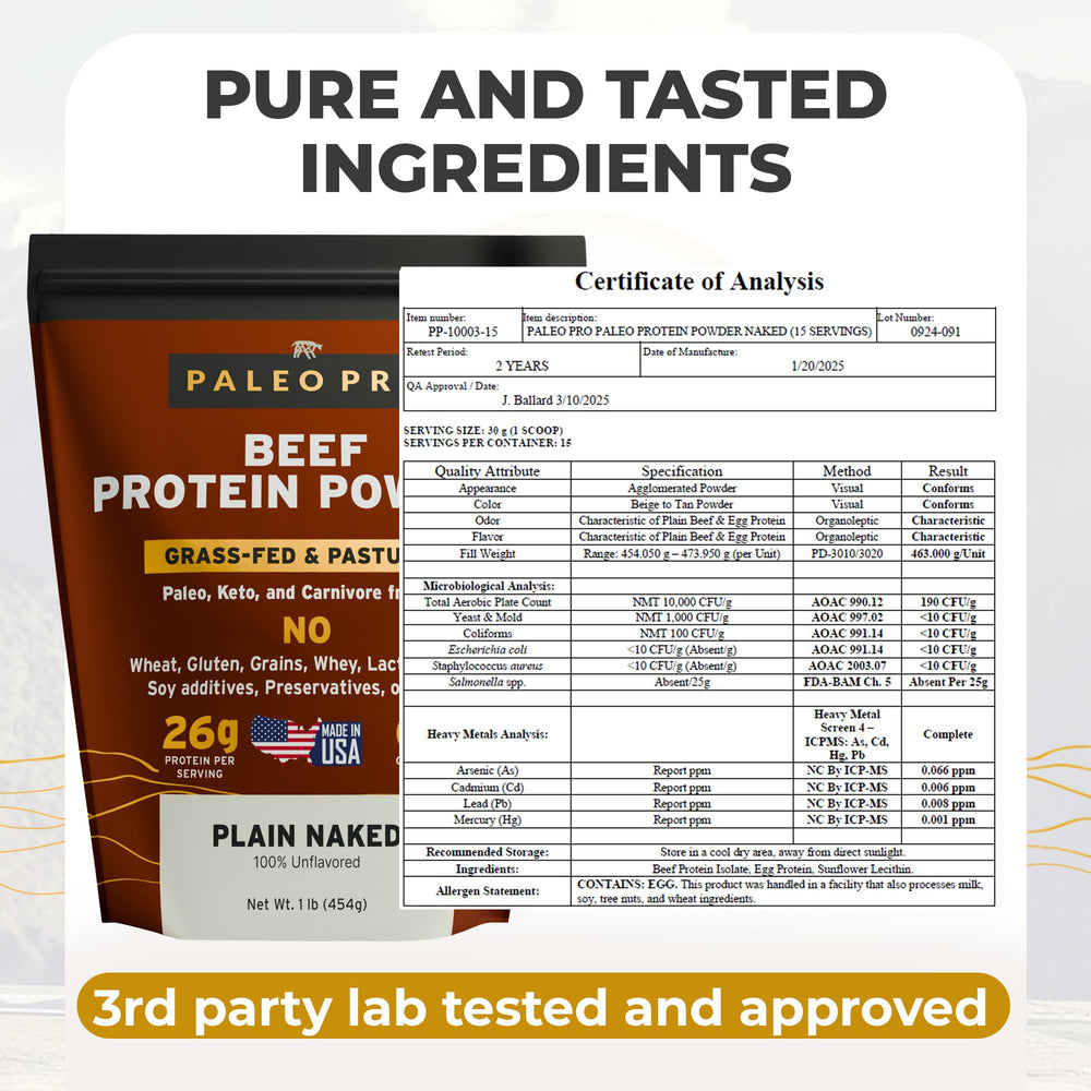 Paleo Pro protein powder texture in glass highlighting natural ingredients