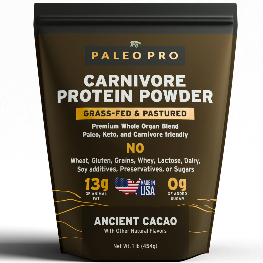 PaleoPro Carnivore Complete Ancient Cacao bag showing keto-friendly macros.