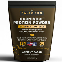 PaleoPro Carnivore Complete Ancient Cacao bag showing keto-friendly macros.