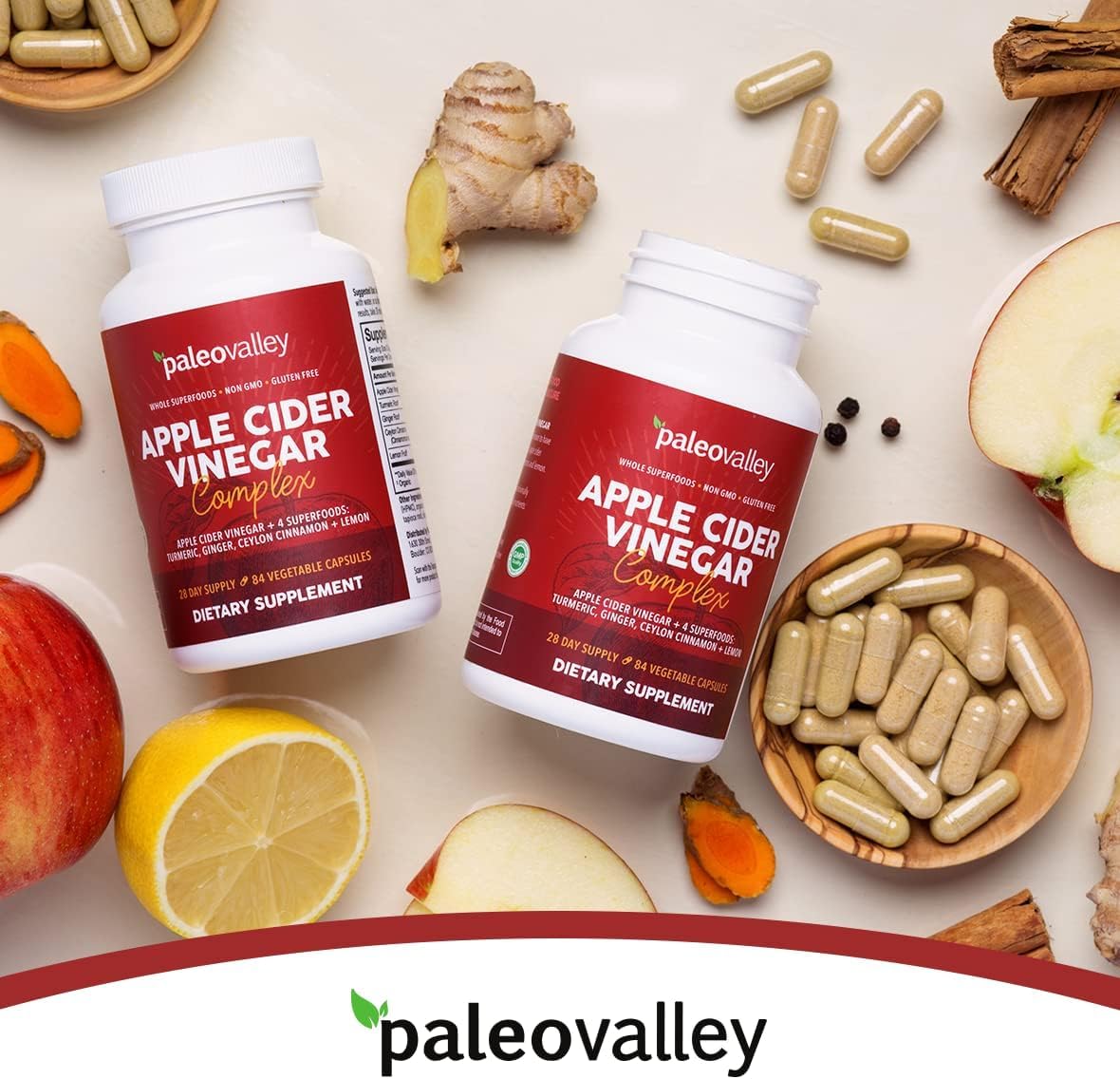 Paleovalley Apple Cider Vinegar Complex label shows gluten-free and GMO-free formula.