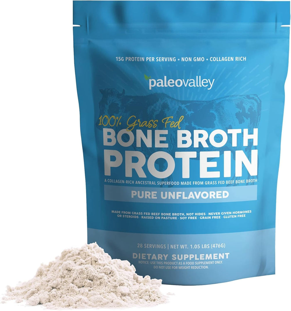 Paleovalley beef bone broth protein powder scoop, daily protein boost