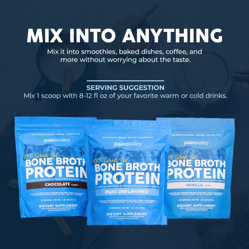 Paleovalley bone broth protein powder blended into a creamy smoothie