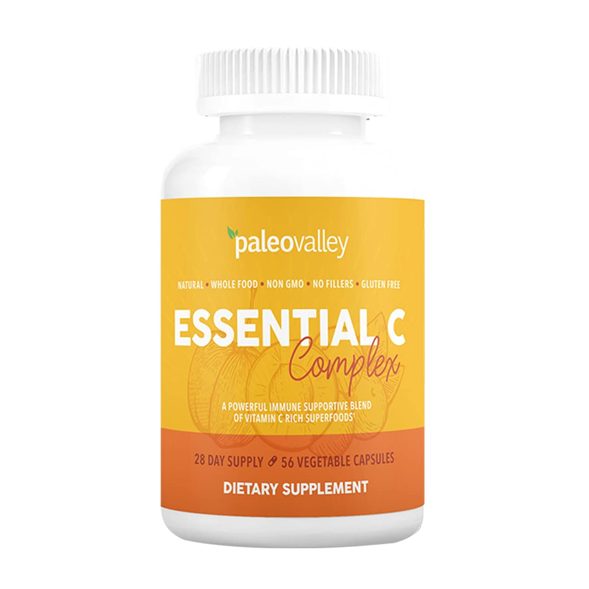 Paleovalley Essential C Complex bottle label highlighting organic fruit sources for immune support potential