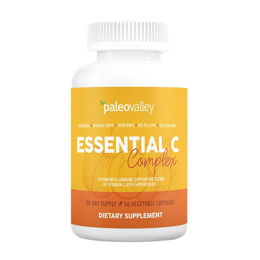Paleovalley Essential C Complex bottle label highlighting organic fruit sources for immune support potential