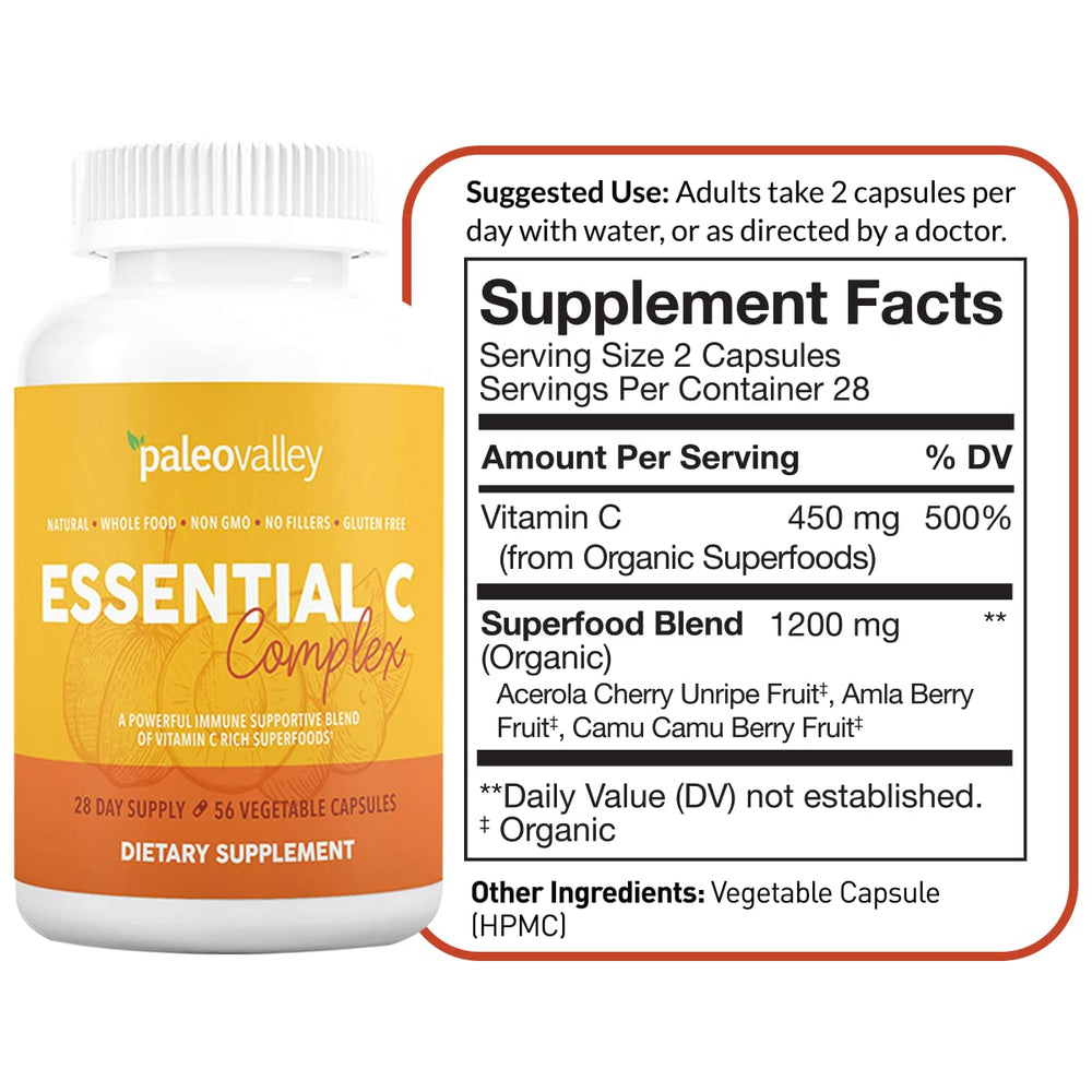 Paleovalley Essential C Complex capsules close-up emphasizing acerola-camu-camu-amla blend