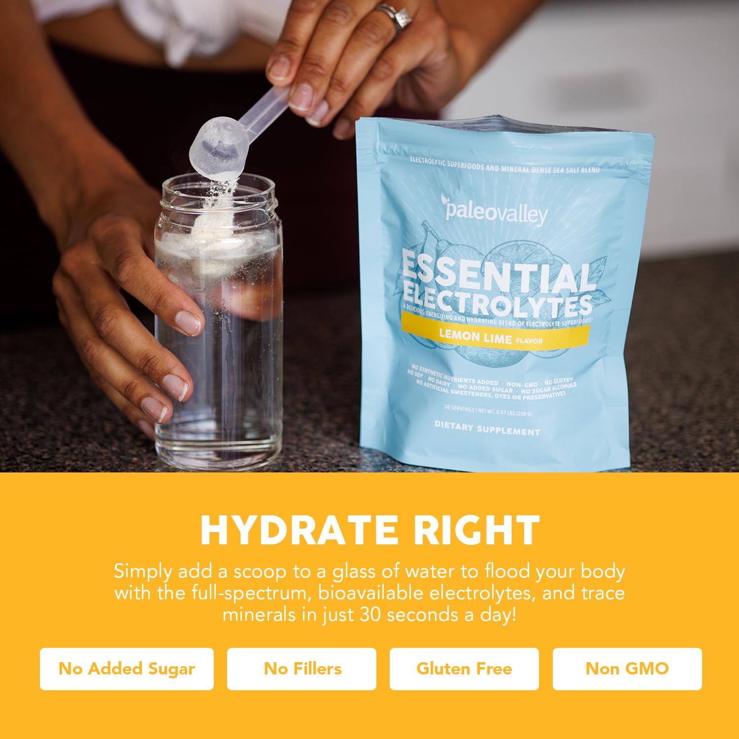 Paleovalley Essential Electrolytes Lemon Lime bottle highlights balanced electrolyte support for activity.