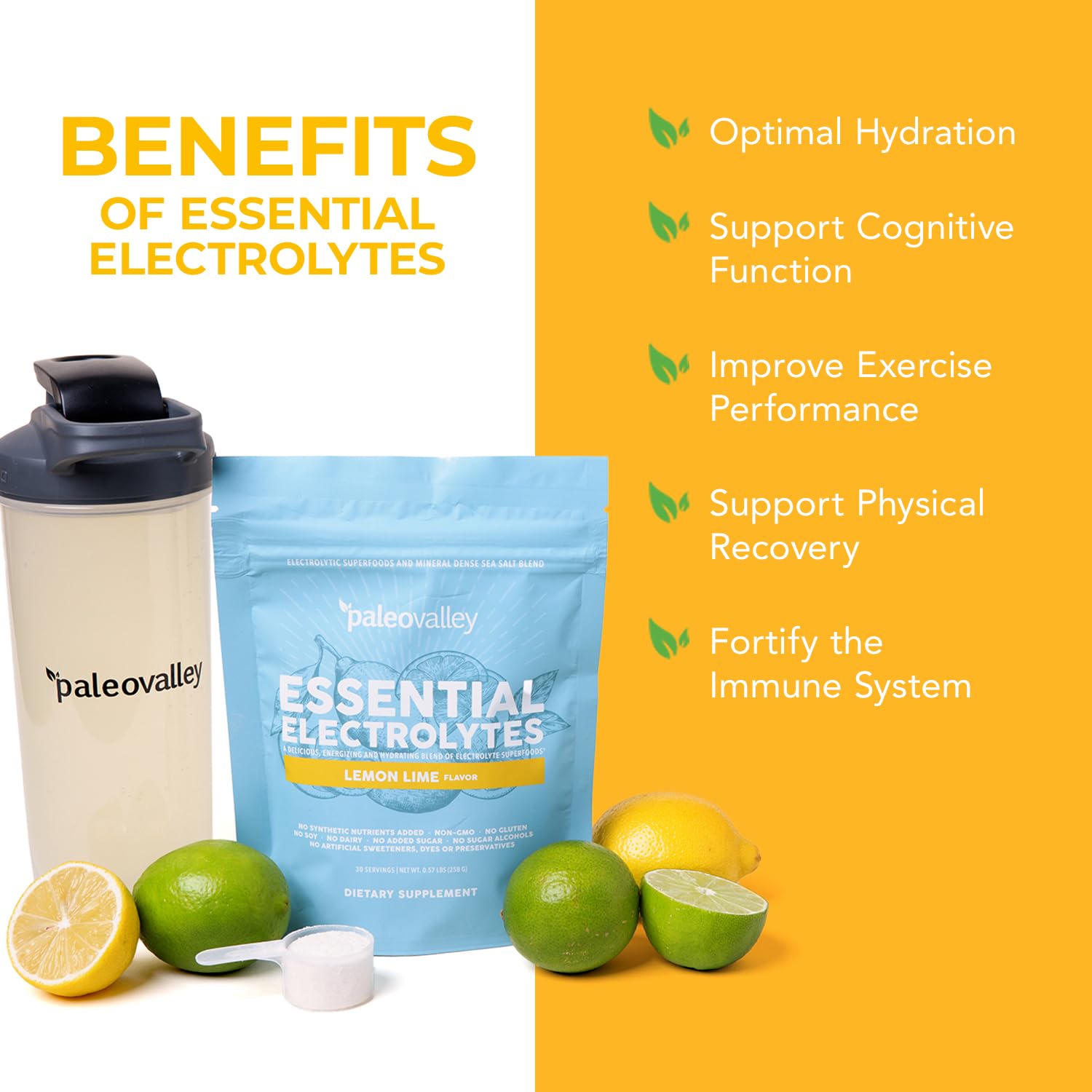 Paleovalley Lemon Lime electrolyte powder with no sugar added for clean hydration.