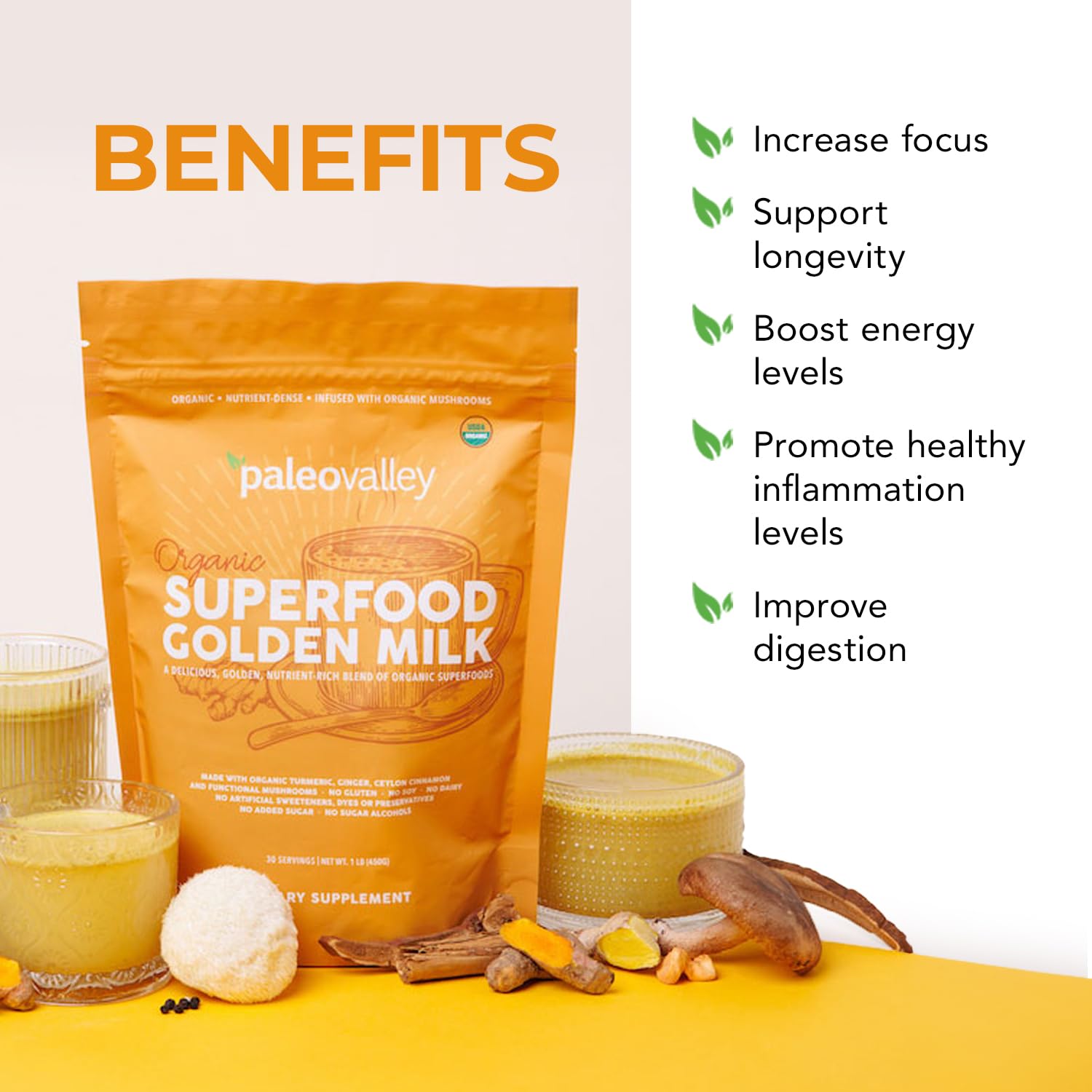 Paleovalley Golden Milk coconut powder ready to blend, boosts turmeric absorption.