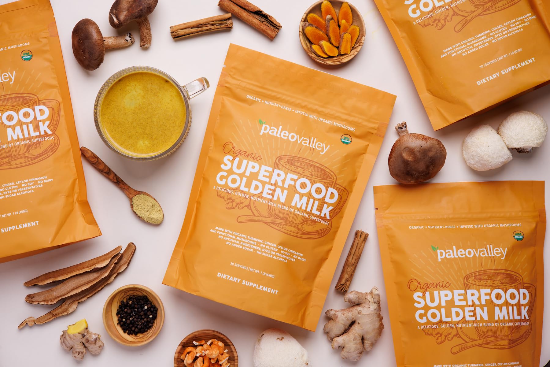 All-organic blend turmeric coconut mushrooms spices in Paleovalley Golden Milk.