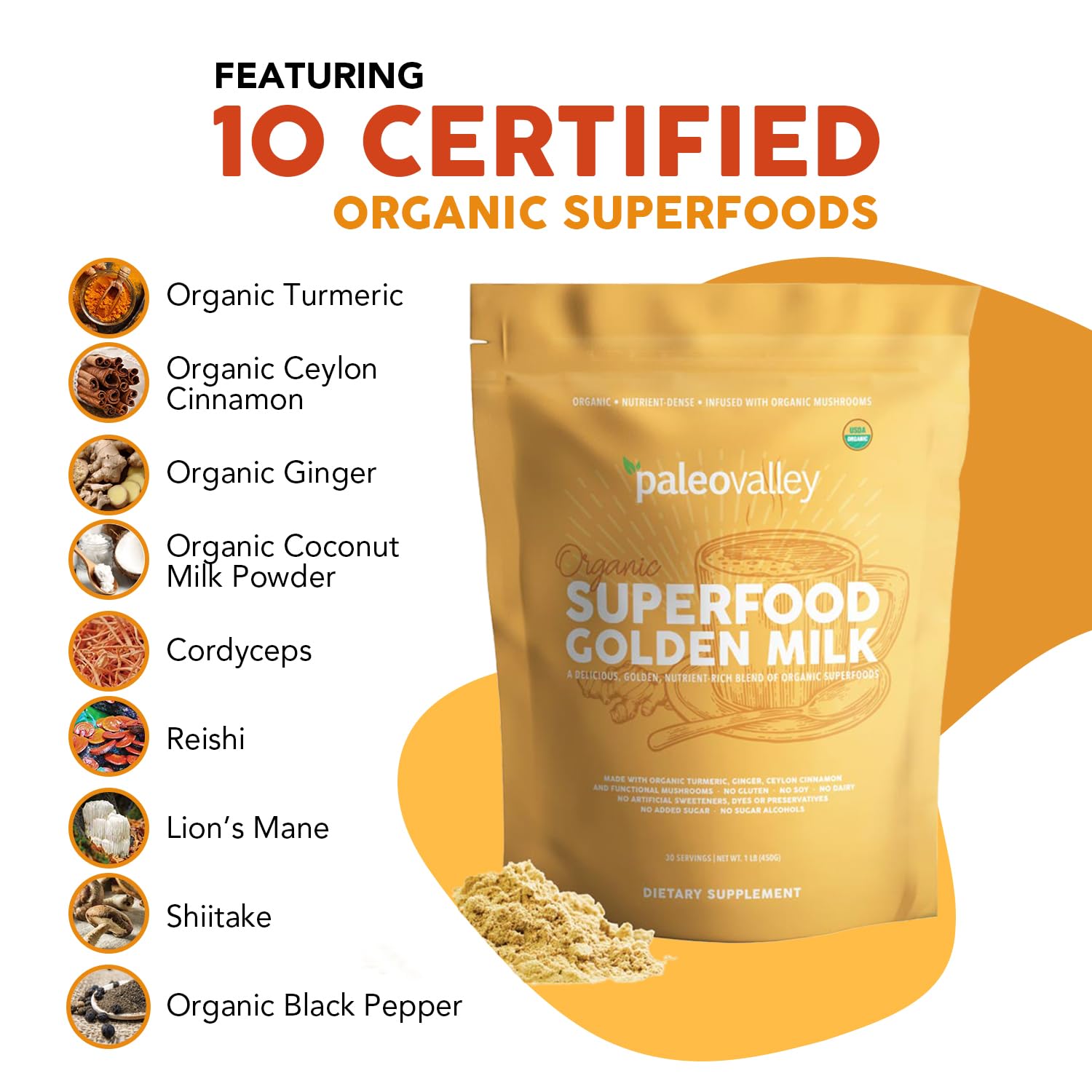 Paleovalley Golden Milk with shiitake, lion's mane, reishi, cordyceps for balance.