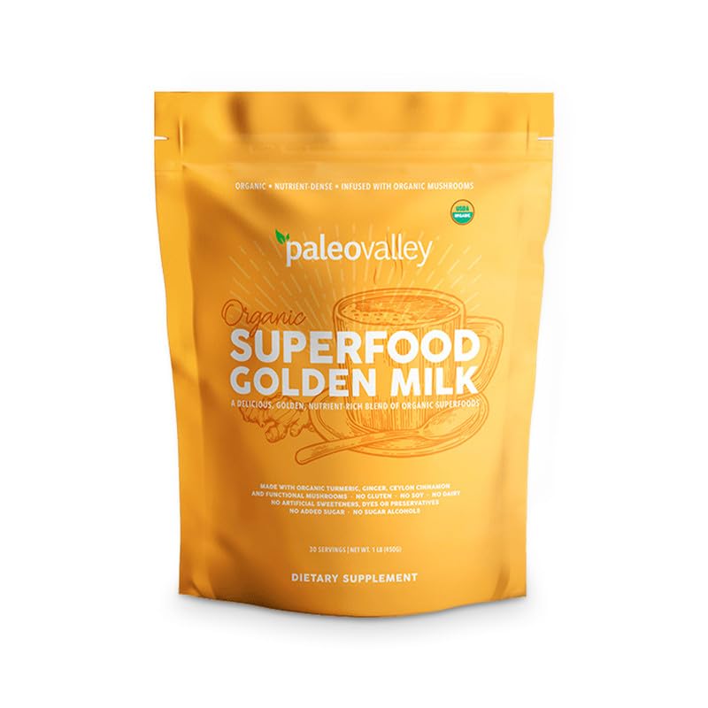 Paleovalley Golden Milk bottle with turmeric and mushrooms, signaling full-spectrum nutrition.
